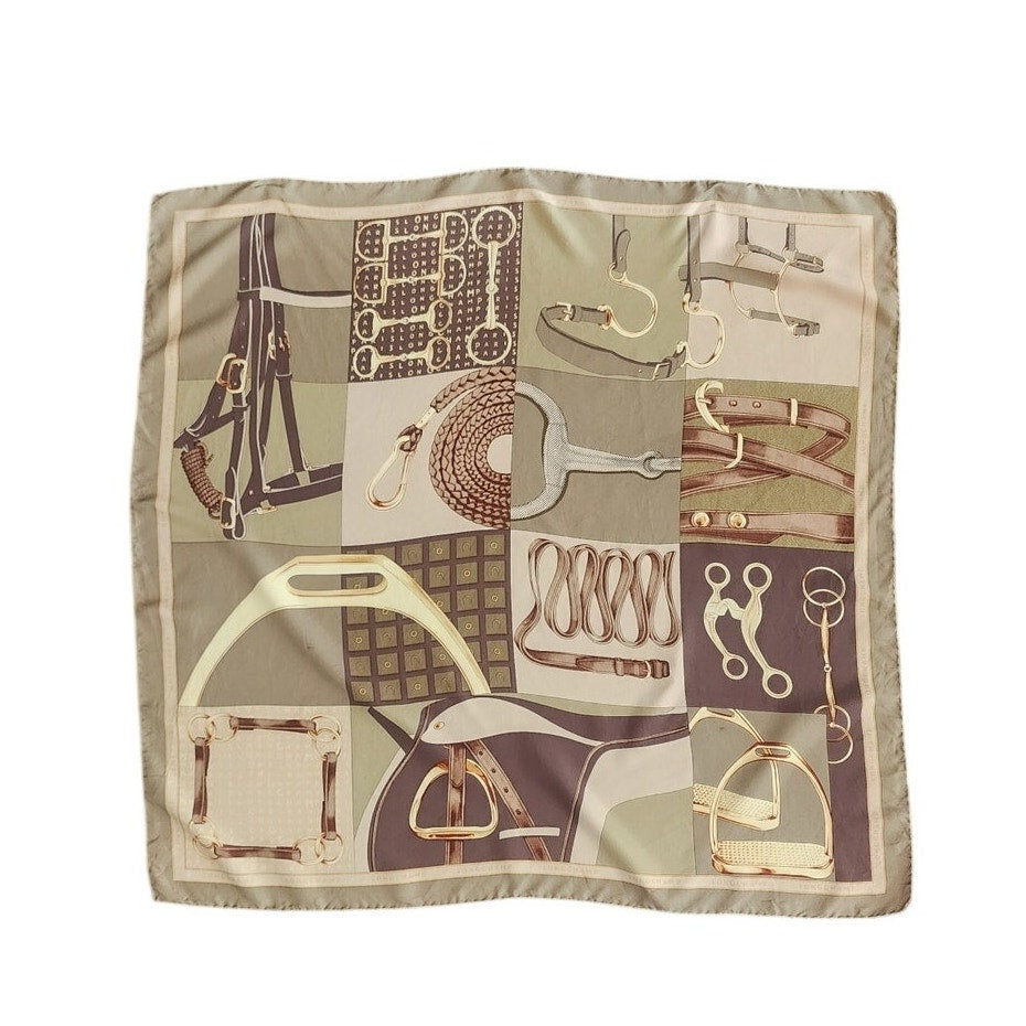 Vintage 1990s Longchamp Scarf Green Silk Equestrian Print Designer Foulard Square