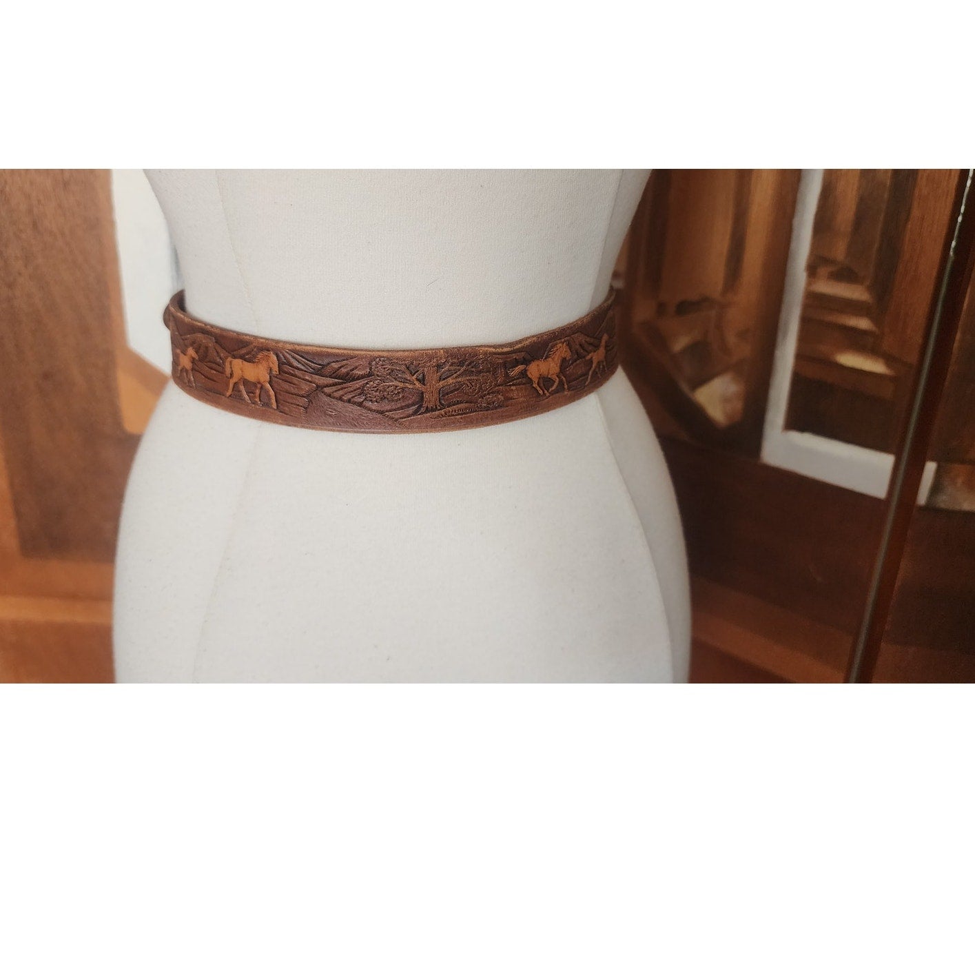 Vintage 1970s The Rowel Brown Belt Tooled Leather Horses Trees Cowboy Western