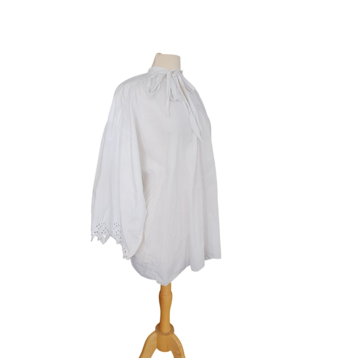 Antique Edwardian Poet's Blouse White Cotton Tunic Shirt w/ Embroidered Crochet Lace Sash Tie