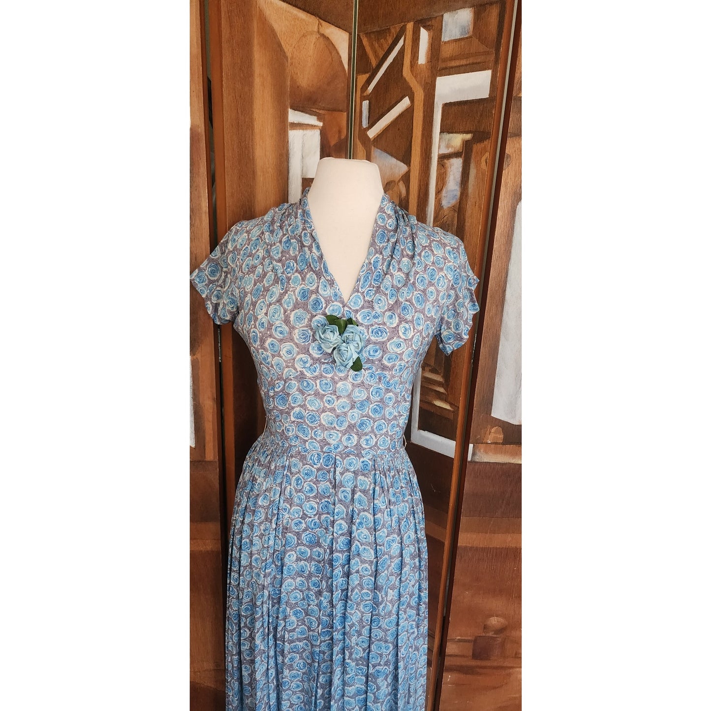 Vintage 1950s Blue Floral Rayon Midi Dress Fit and Flare Short Sleeve / S