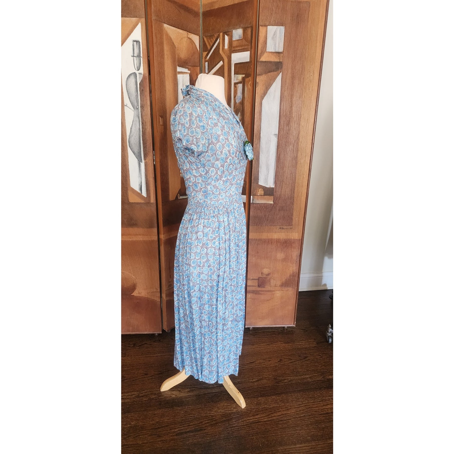 Vintage 1950s Blue Floral Rayon Midi Dress Fit and Flare Short Sleeve / S