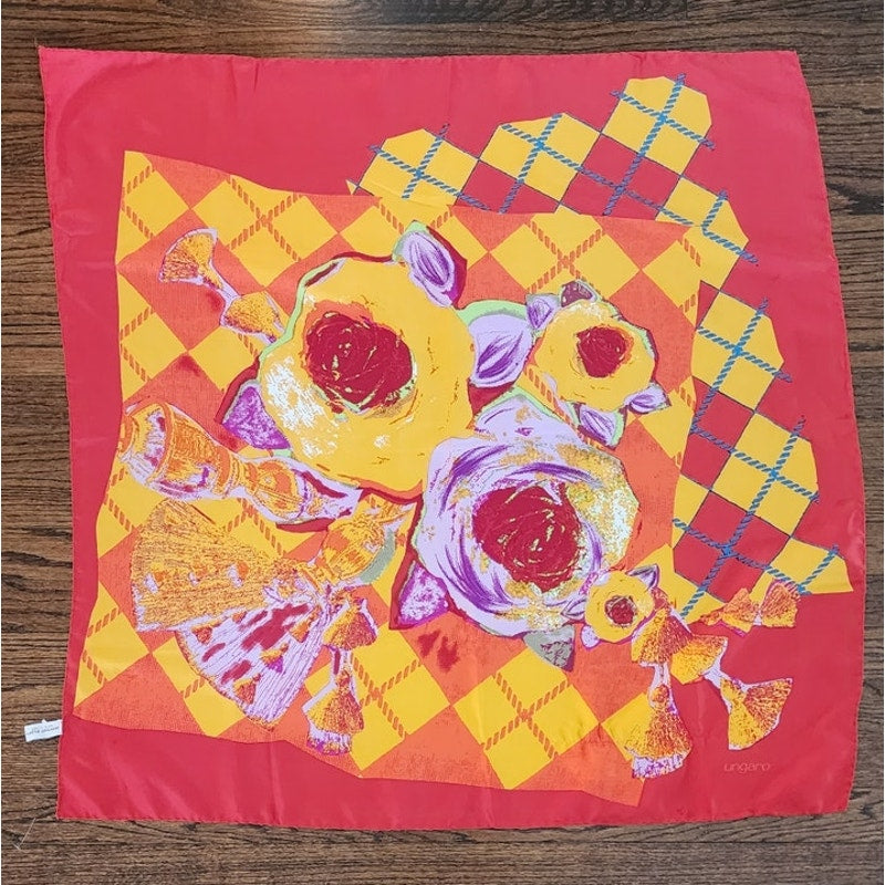 Vintage Emanuel Ungaro Silk Scarf Red Yellow Floral Argyle Print Square Made In Italy