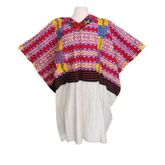 Vintage Huipli Guatemalan Mayan Tunic Hand Embroidered Multicolored Figural Floral Pattern