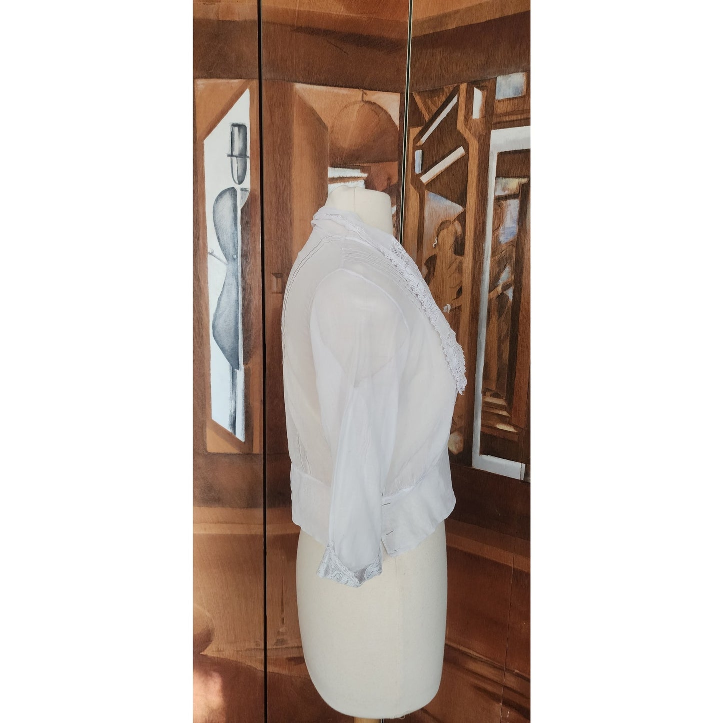 Antique Edwardian Blouse White Cotton Lace Embroidery Sailor Collar / S