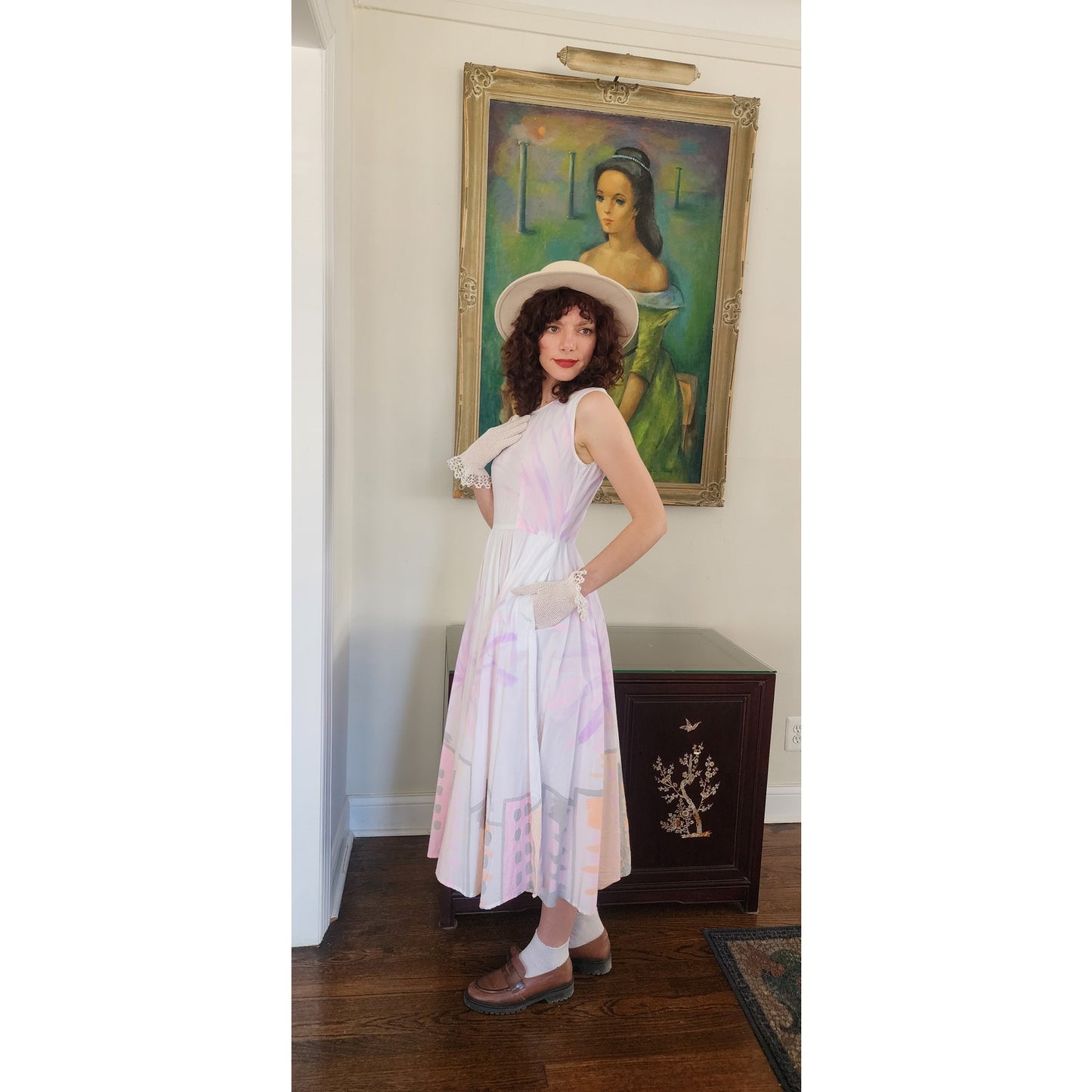 Vintage 90s Cotton Print Sun Dress Sleeveless White Pink Cityscape Print Circle Skirt / S