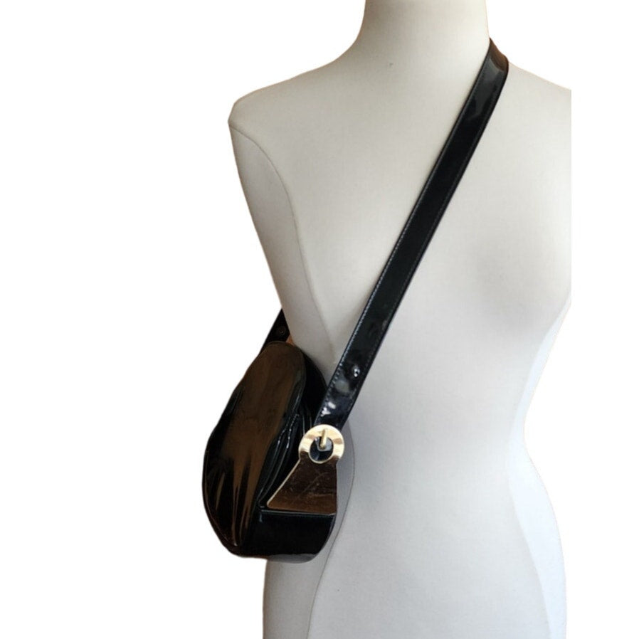 Vintage 60s Mod Black Purse Patent Leather Convertible Shoulder Bag