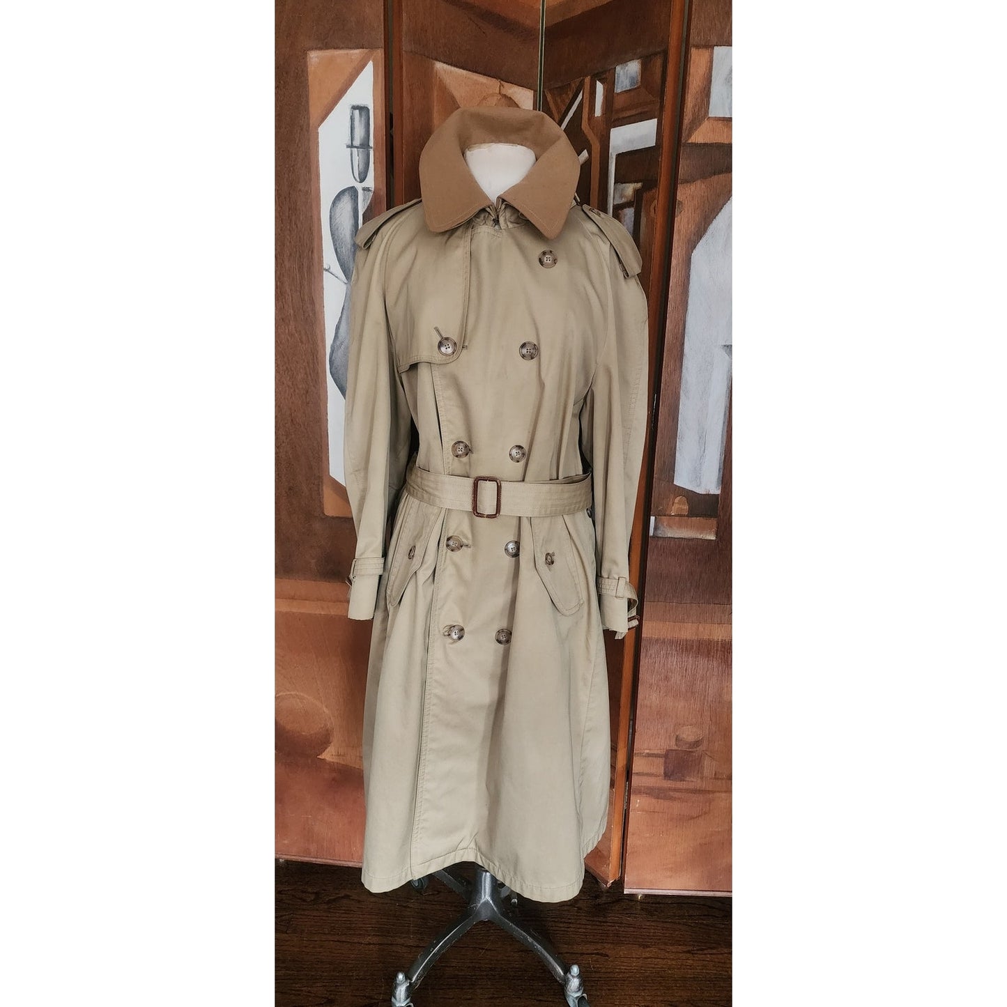 Vintage 80s Lytton's Threadneedle Chicago Mens Beige Trench Rain Coat Belted Wool Collar