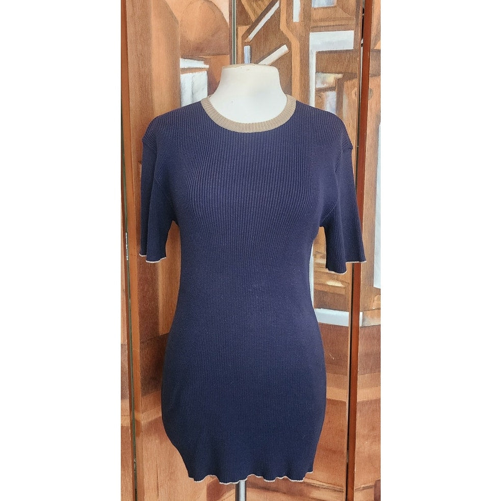 Vintage 90s D&G Dolce & Gabbana Ribbed Knit Mini Dress Blue Beige Trim