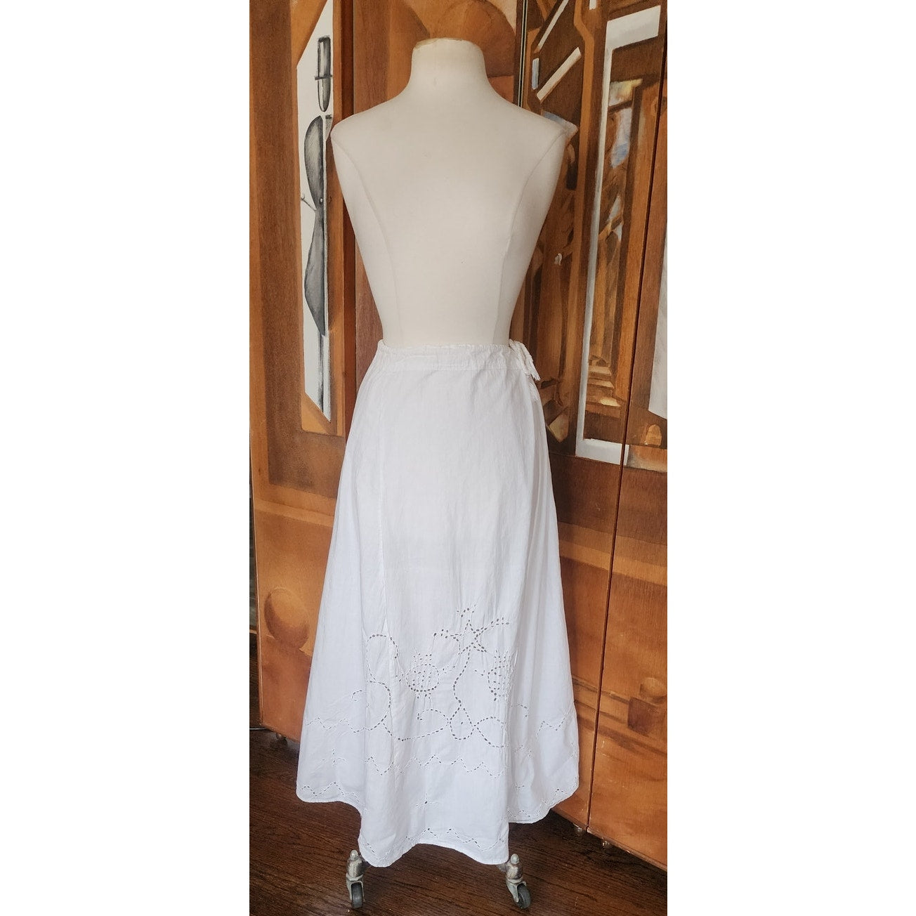 Antique Edwardian Embroidered Petticoat Skirt Underskirt White Cotton Drawstring Waist L