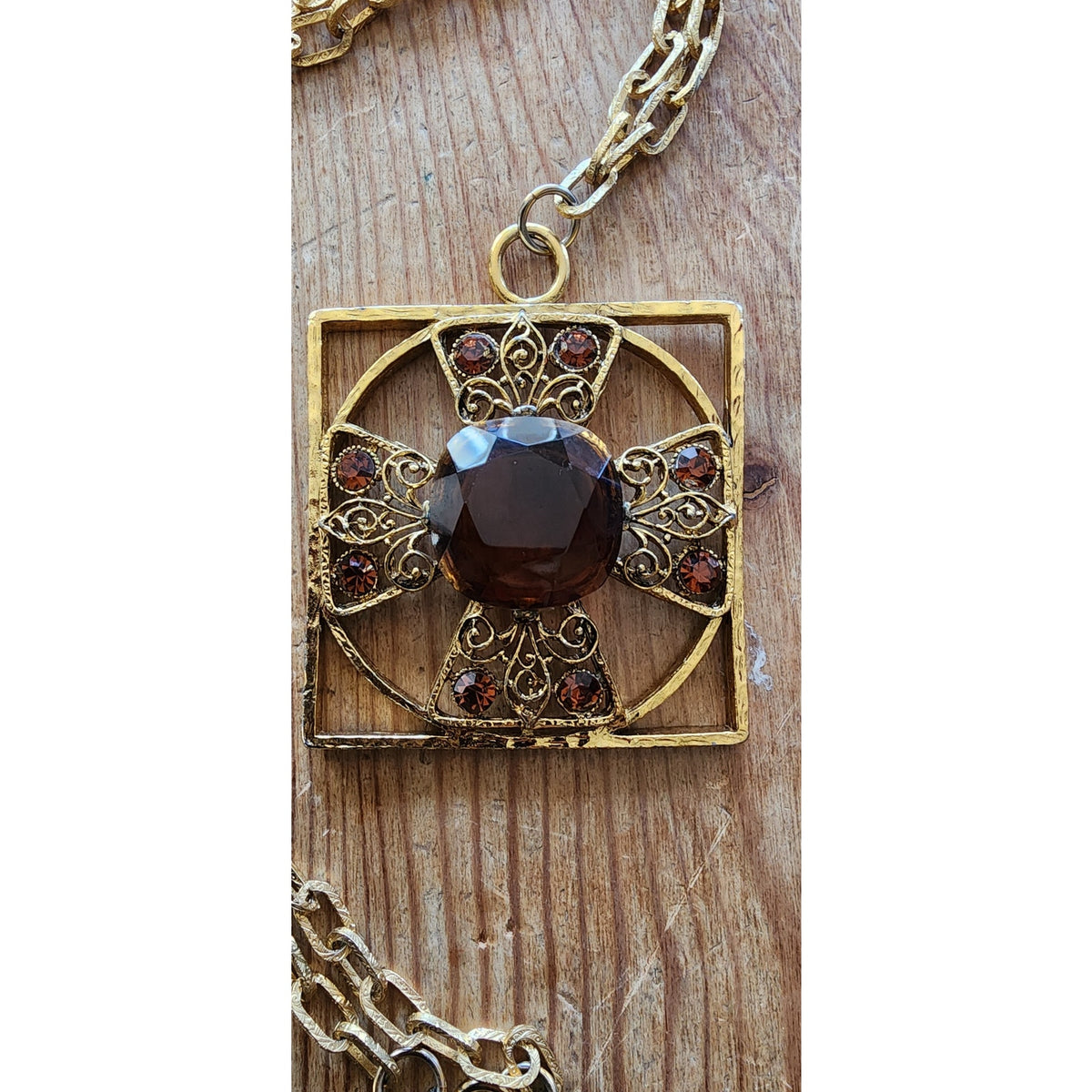 Vintage 1960s Maltese Cross Necklace Baroque Pendant Purple Brown Gold Maximalist Boho