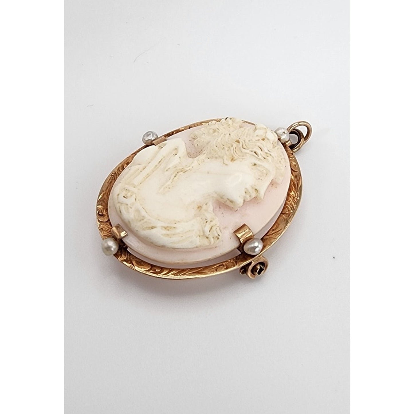 Antique 10K Gold Cameo Pendant Pin Edwardian Lady in Profile