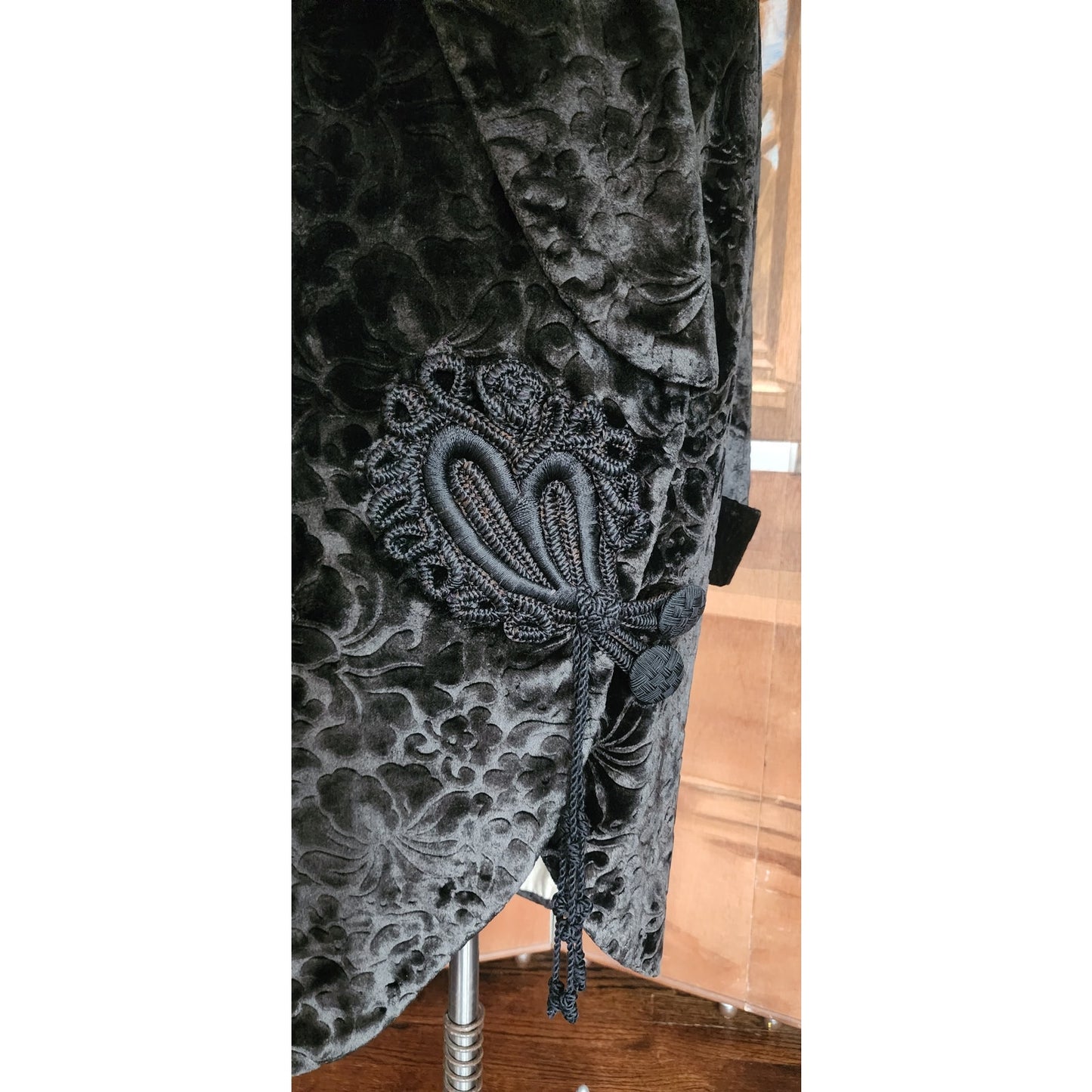 Antique 1910s 20s Edwardian Art Deco Black Textured Silk Velvet Opera Coat Frock Jacket with Silk Chord Knot Closure