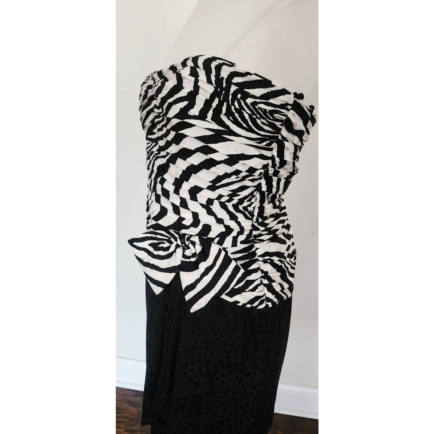 Vintage 1980s AJ Bari Strapless Dress + Bolero Jacket Suit Set Zebra Print Black White Silk / M
