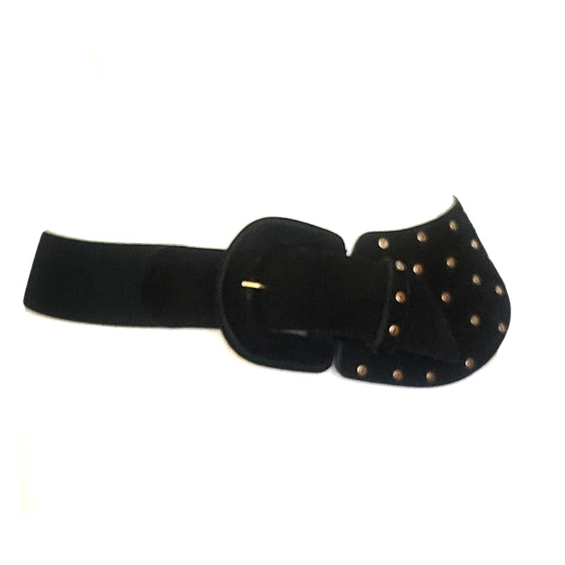 Leather Shop Belt Black Leather Studded Asymmetric Front Elastic Waist Gold Tone