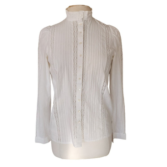 Vintage 70s Laura Ashley Blouse White Cotton Lace Crochet High Collar Puffed Shoulders Neo Edwardian