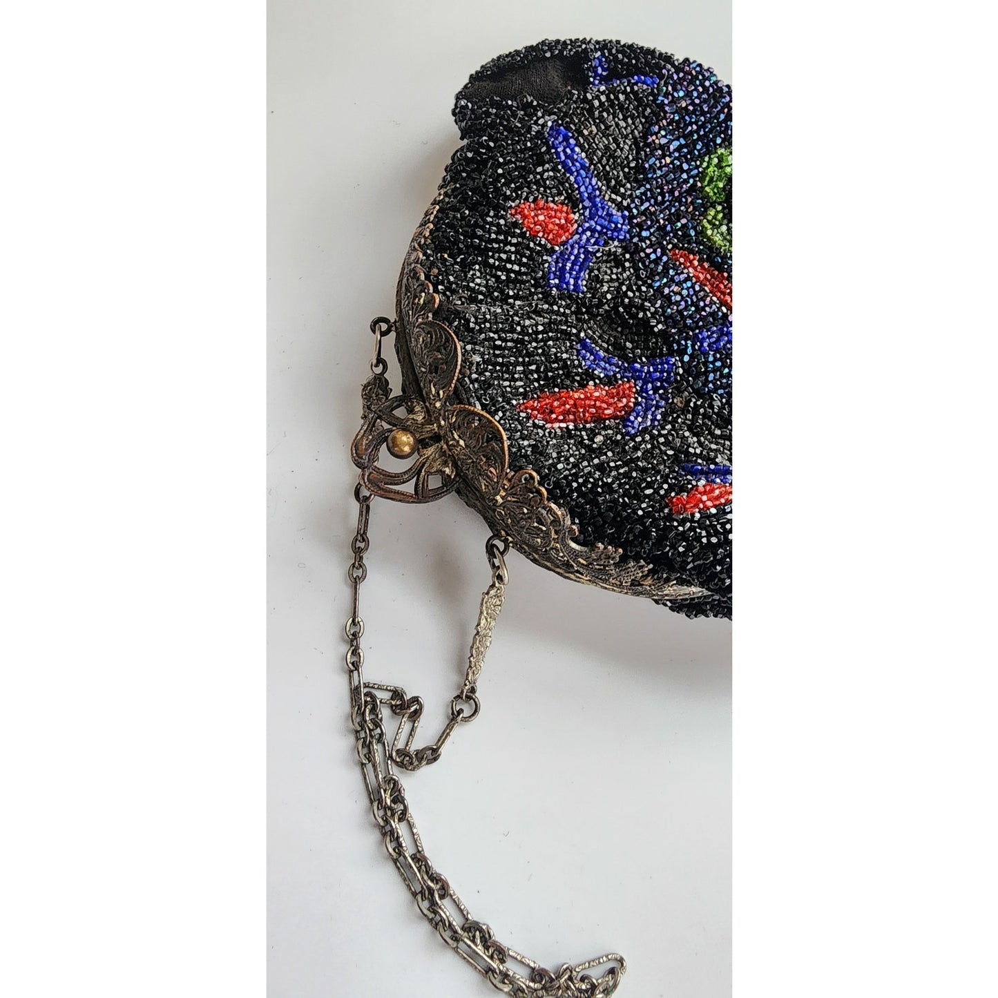 Antique Black Beaded Bag Colorful Flowers Ornate Metal Clasp AS IS