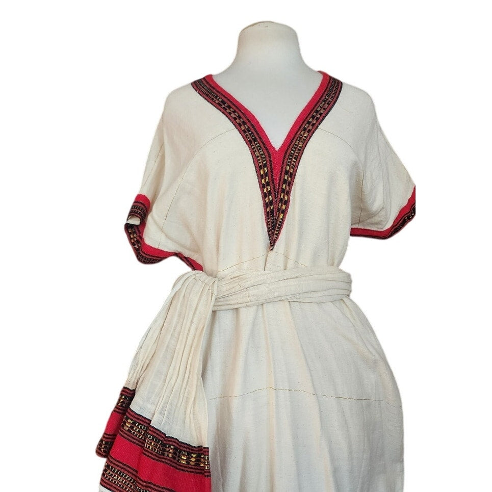 Vintage Handmade Ethiopian Eritrean Habesha Dress + Scarf Traditional Folk Ethnic Costume