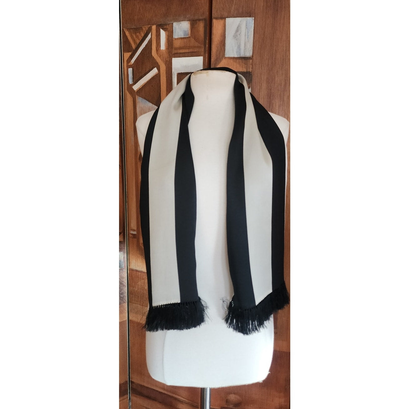 Vintage 40s Liquid Silk Scarf Black White Striped Fringed Peck & Peck Unisex Art Deco Geometric