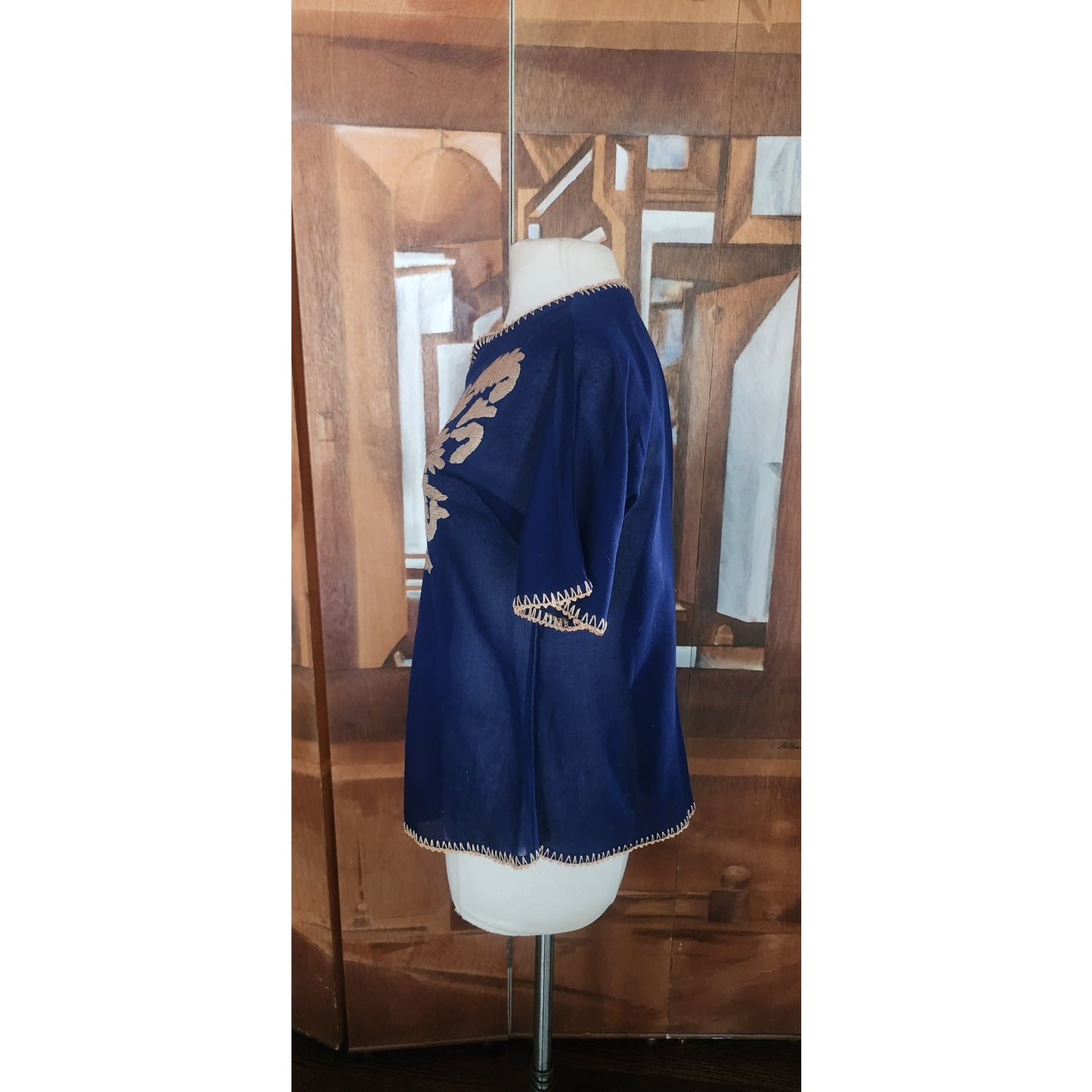 Vintage 70s 80s Royal Blue Gold Embroidered Tunic Top Sequin Caftan Blouse