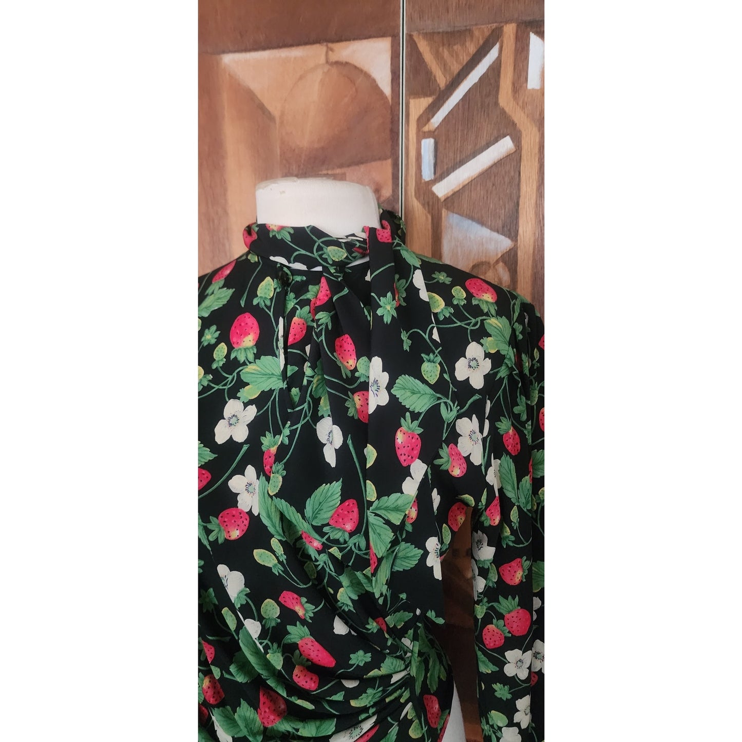 Vintage 1980s Emanuel Ungaro Parallele Blouse Strawberry Floral Print Silk Long Sleeve Shirt