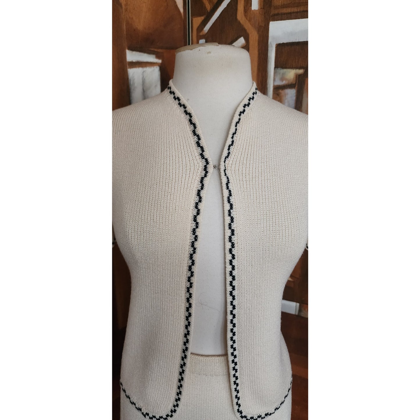 Vintage 80s St. John for Marshall Fields Cream & Black Knit Suit Skirt Jacket