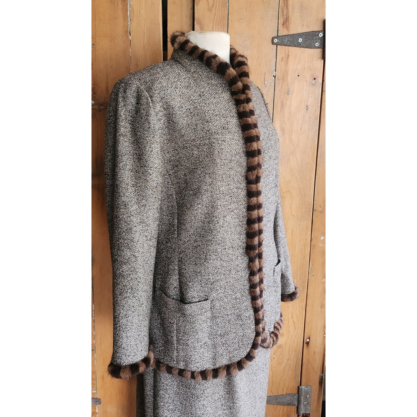 Vintage ESCADA Dress + Jacket Suit Set Alpaca Blend Wool Tweed Striped Mink Fur Trim / L