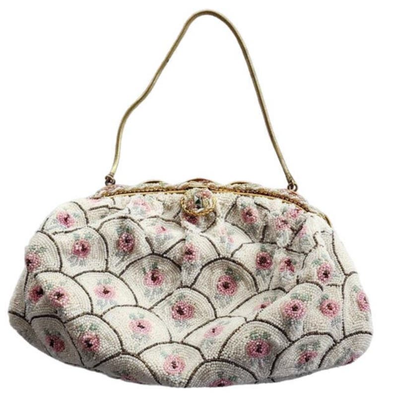 Vintage 50s Beaded Handbag Michel Swiss White Pastel French Purse Microbeading