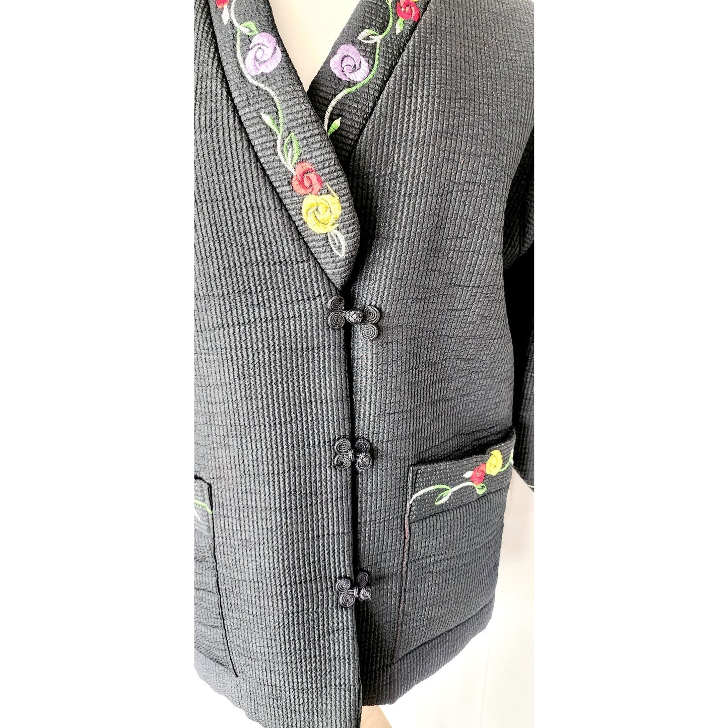 Vintage Asian Quilted Jacket Black w/Floral Embroidery