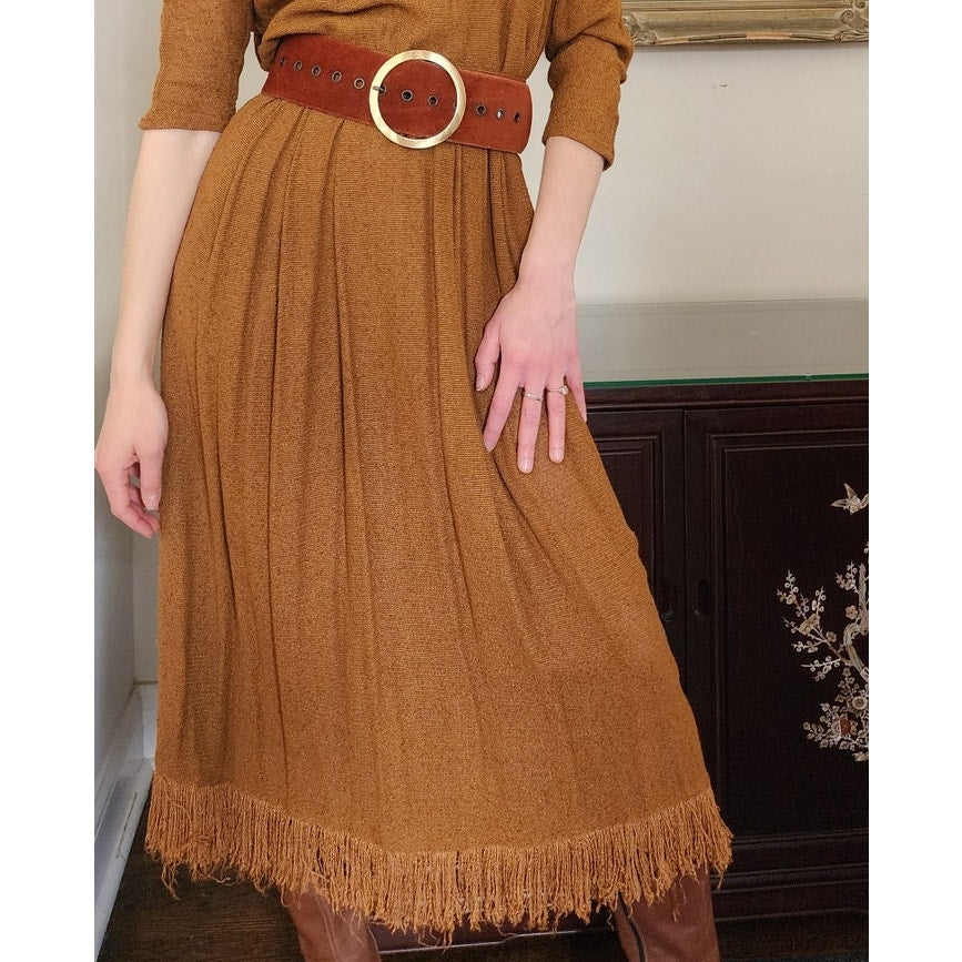 Vintage 80s Brown Dress Fringed Cowl Collar Mad Max Distopia Positive Attitude