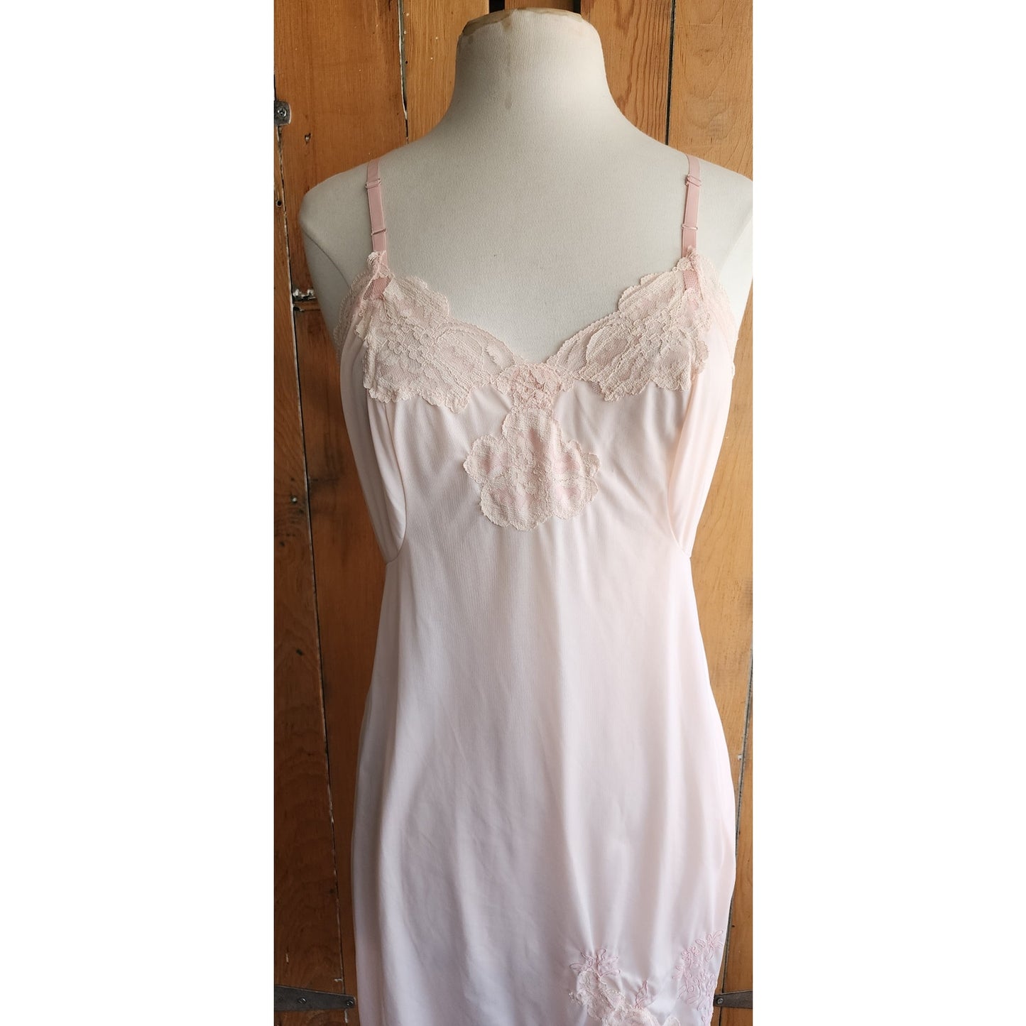 60s Pink Nylon Slip Dress w/Lace Knee Length Medium