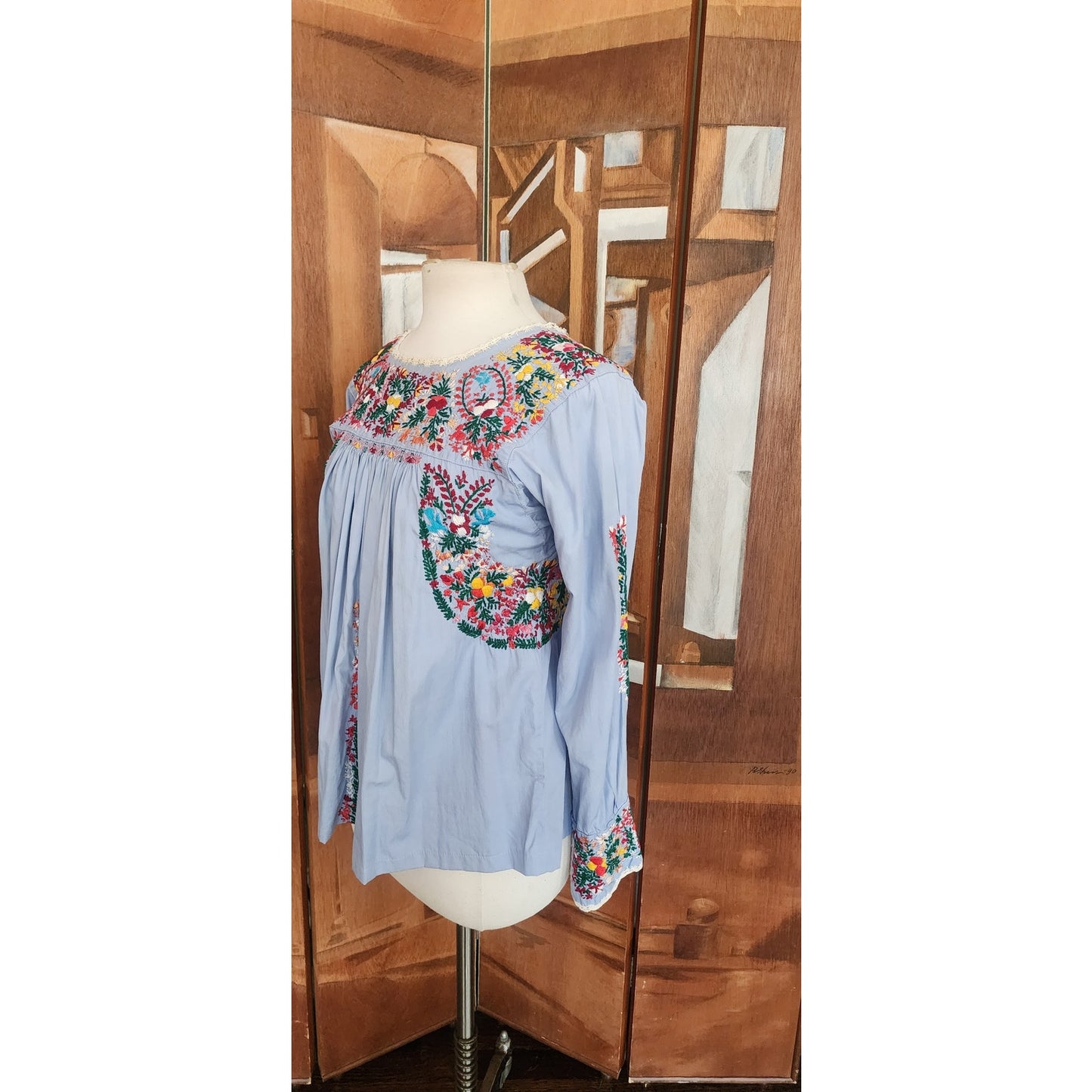 Vintage 1970s Oaxaca Mexico Shirt Peasant Blouse  Embroidered Folk Art