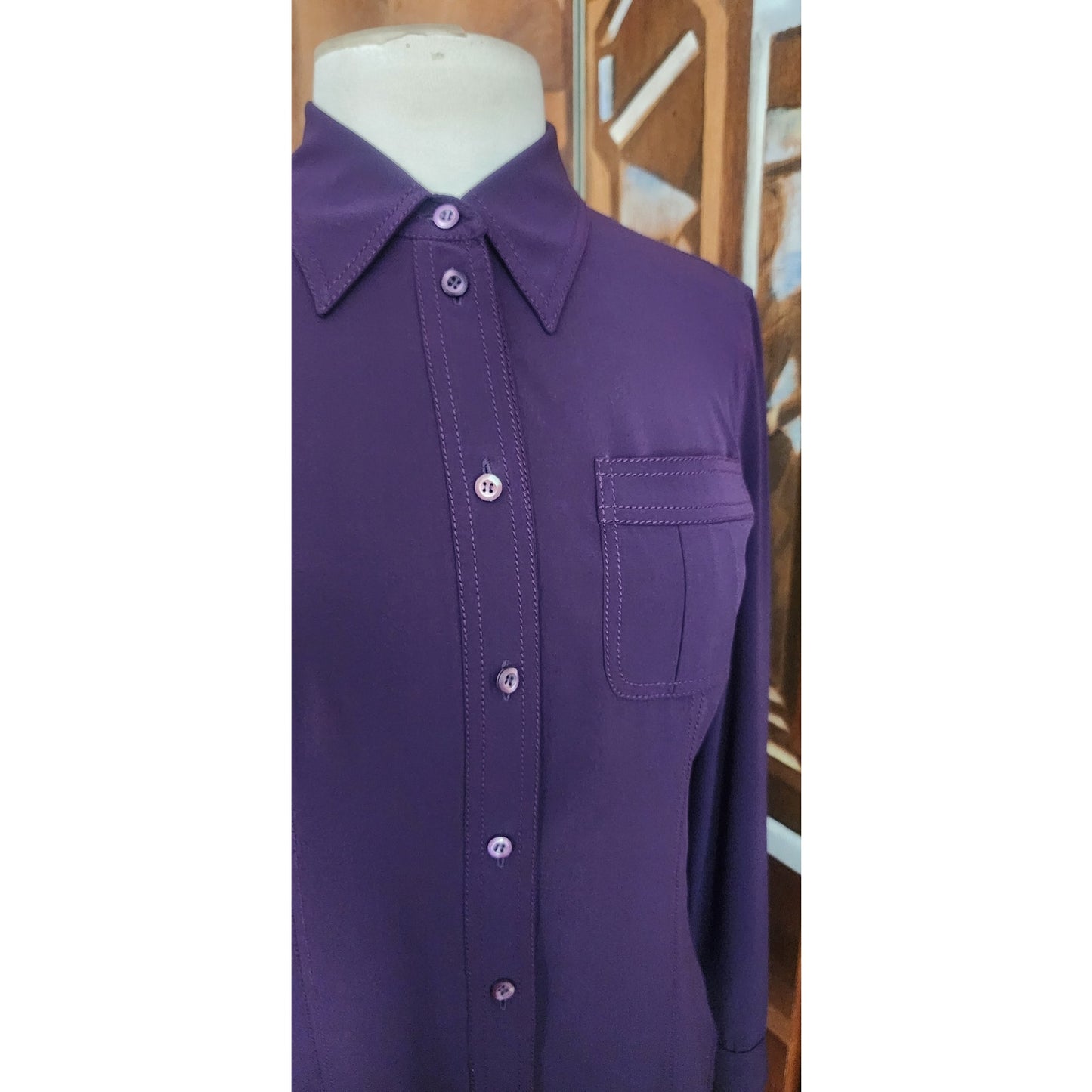 Y2K Prada Silk Blouse Purple Long Sleeve Single Pocket Button Down