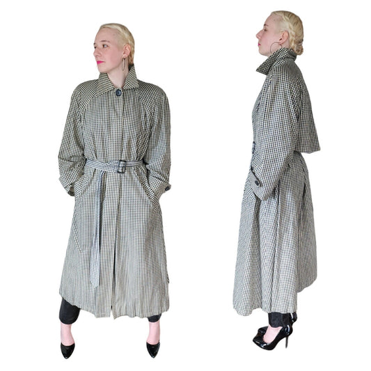 Vintage 80s Calvin Klein Trench Coat Black White Checked Print
