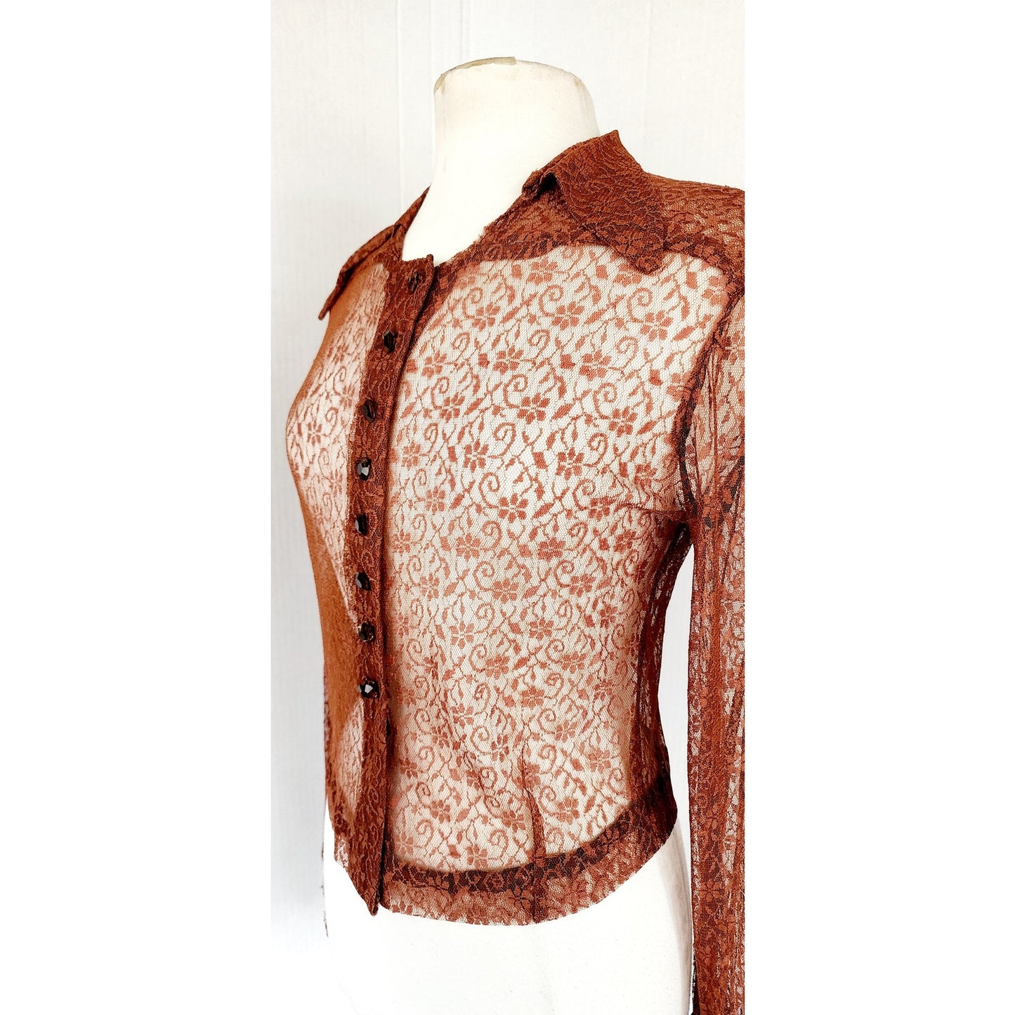 Vintage 70s Brown Lace Sheer Shirt