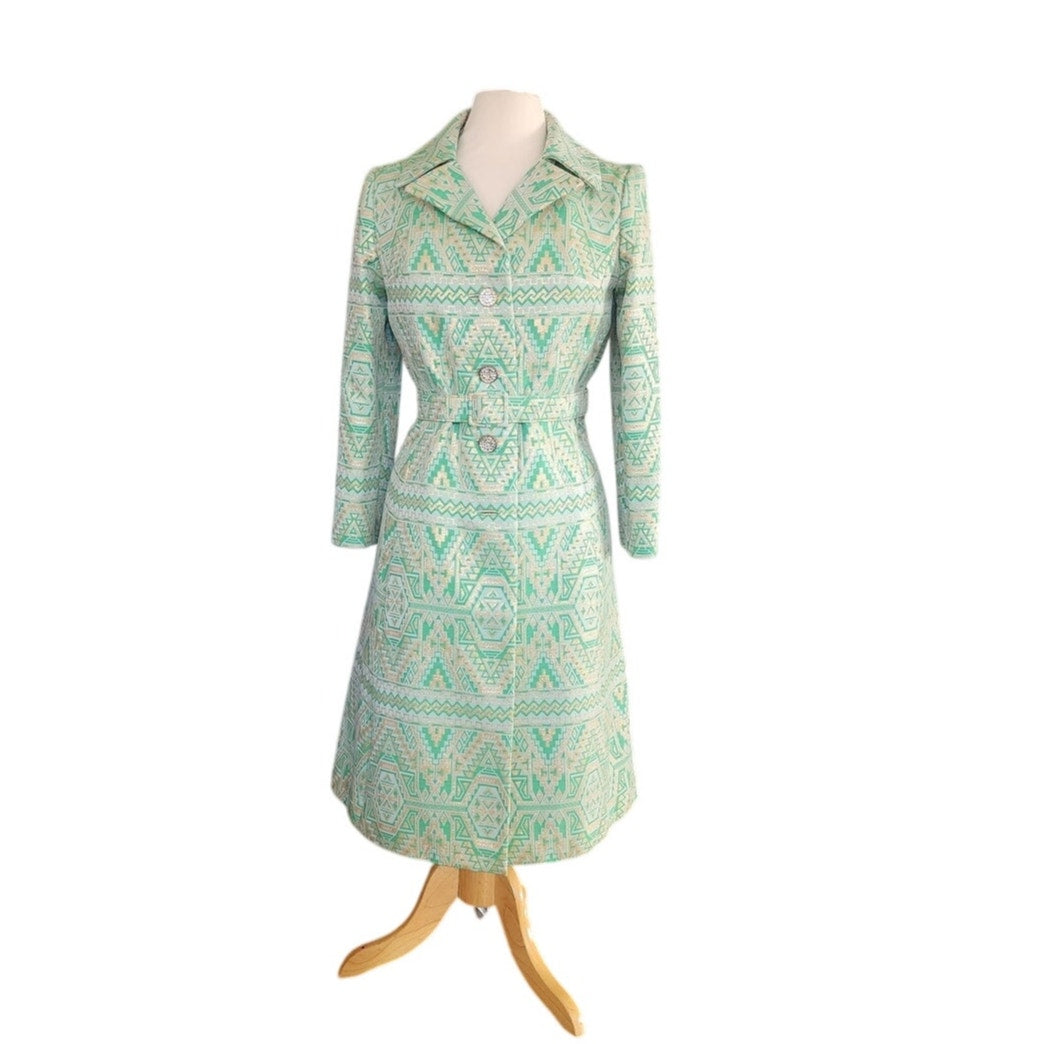 Vintage 1960s Belted Coat Mod Green Print Geometric Abstract Chas A Stevens