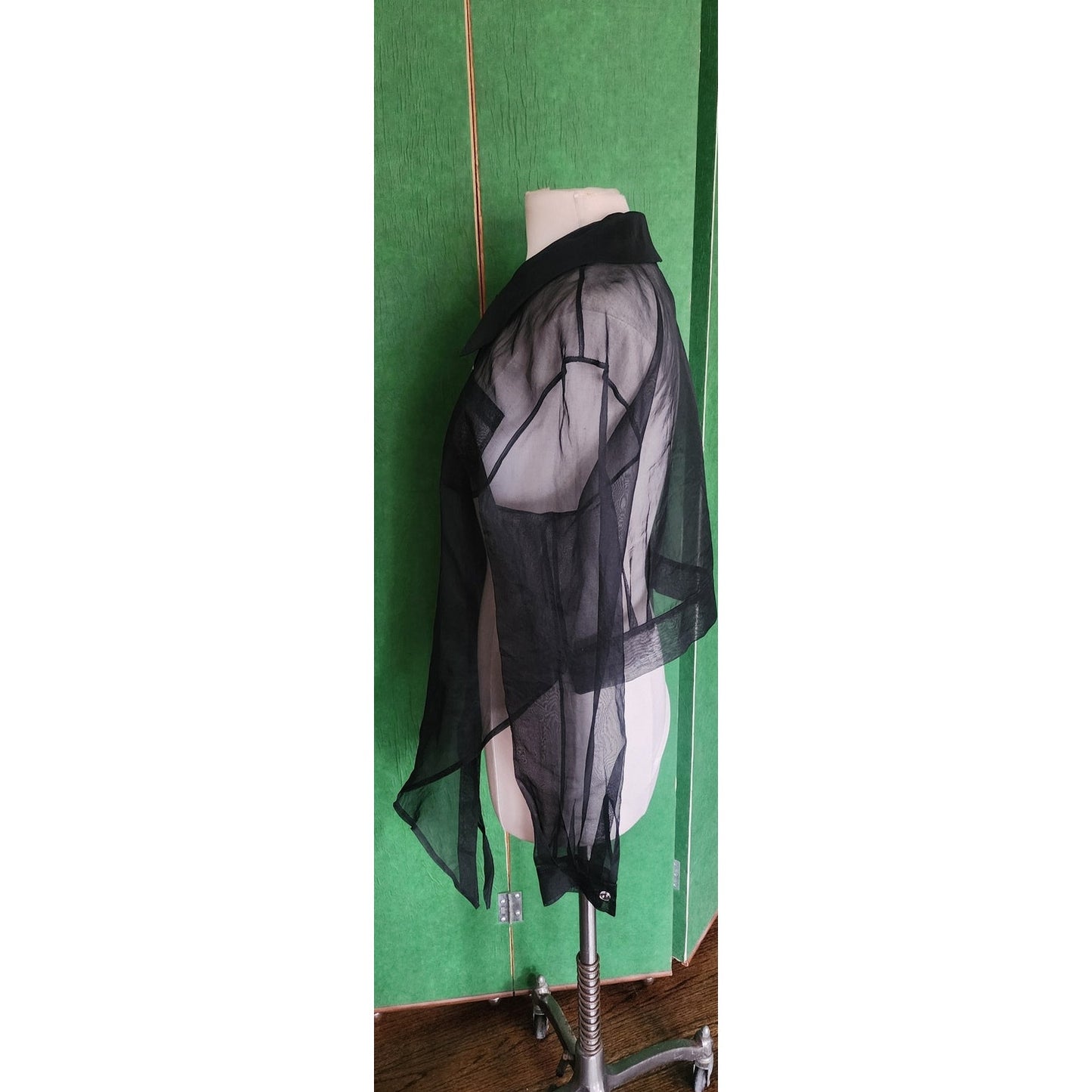 Vintage 90s Designer Blouse Black Sheer Silk Shirt Tie Front Victoria March Chicago