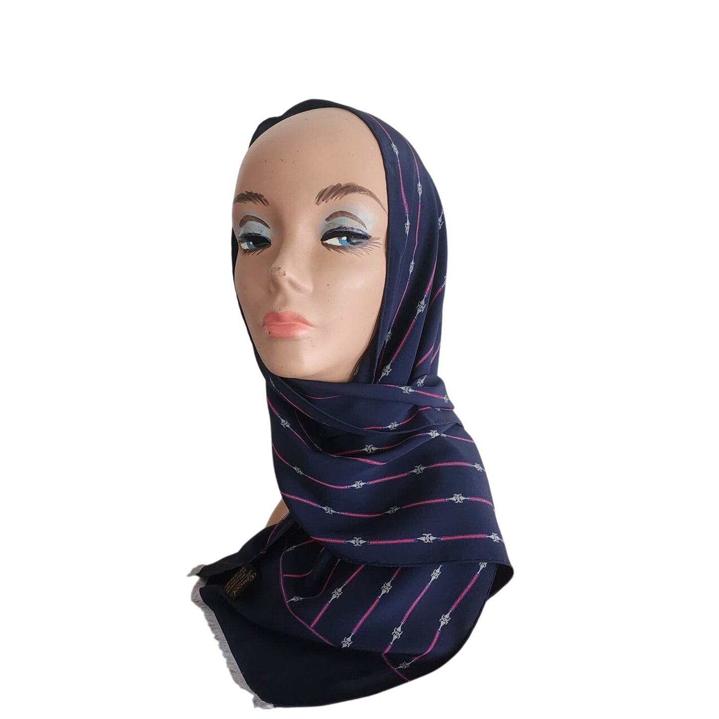 Vintage 1970s Gucci Silk Scarf Navy Blue Horsebit Print Rectangular Fringed