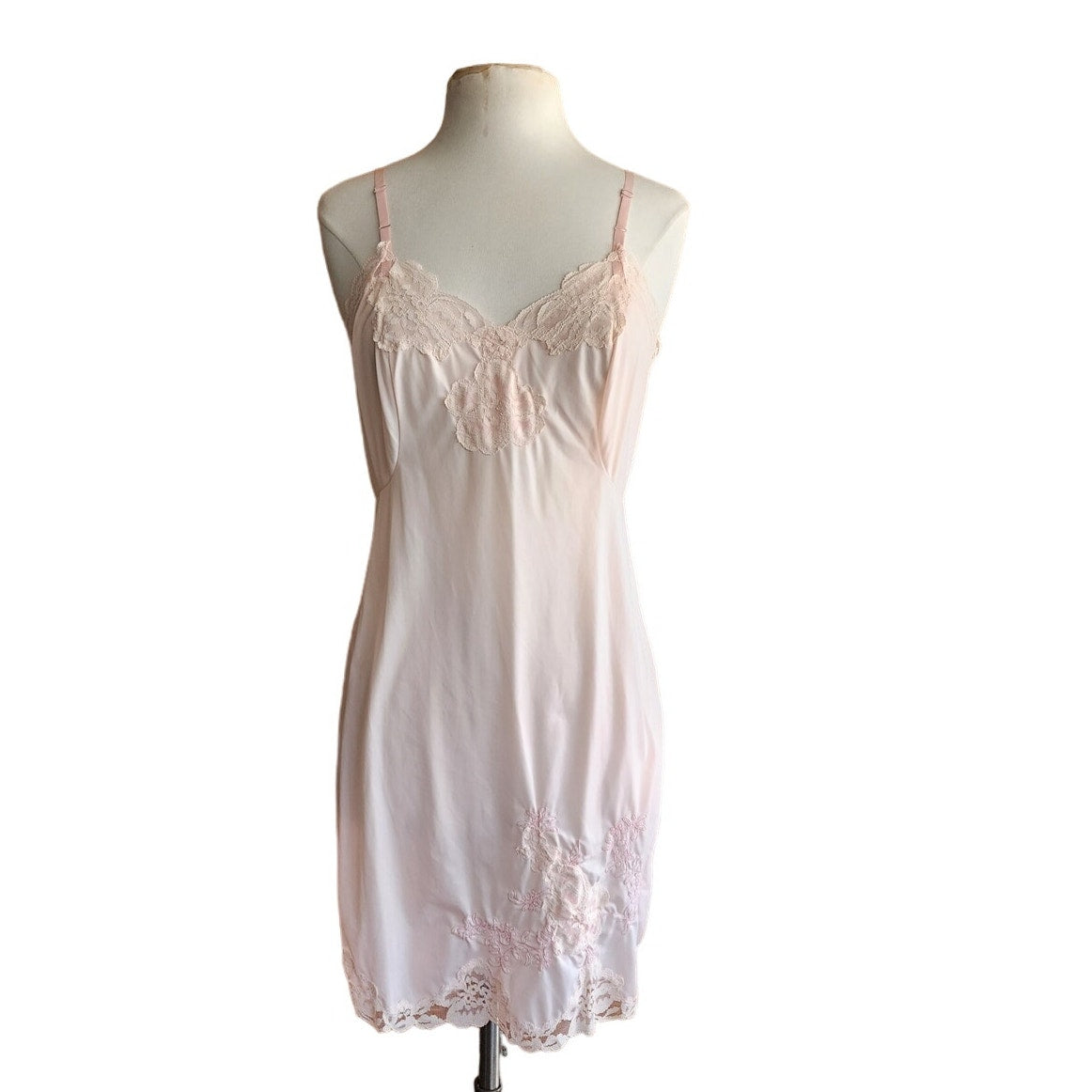 60s Pink Nylon Slip Dress w/Lace Knee Length Medium