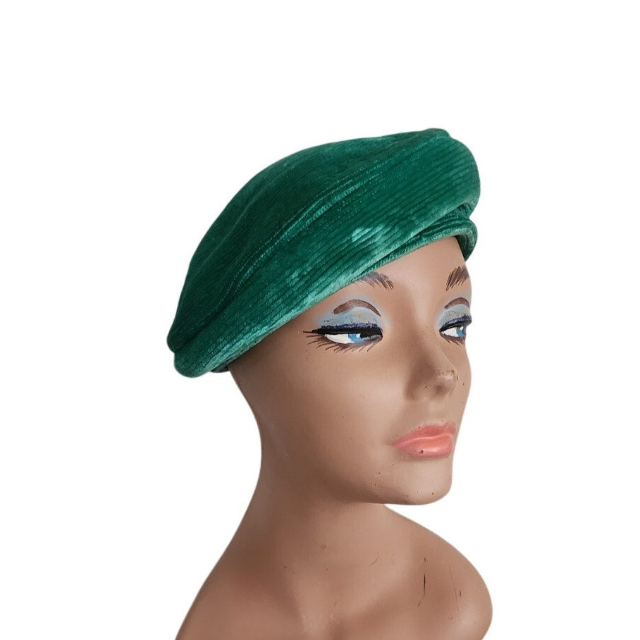 Vintage 60s Green Hat Velour Tam Beret Mod Style