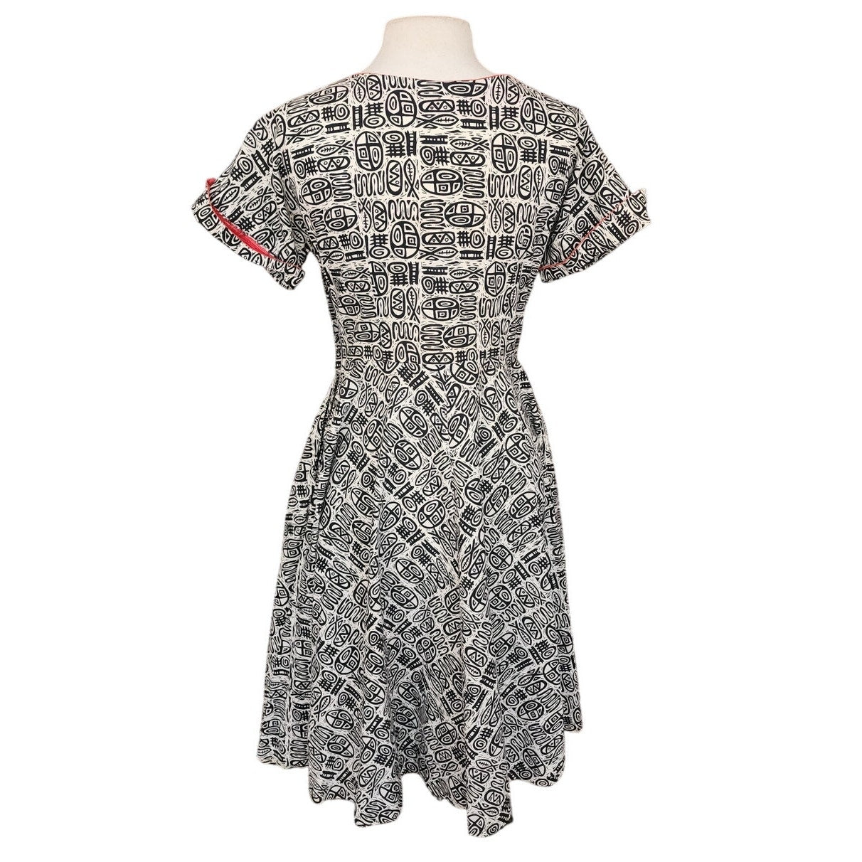 Vintage 50s Black White Abstract Print Fit and Flare Dress Tiki MCM Cotton Print Rockabilly / M