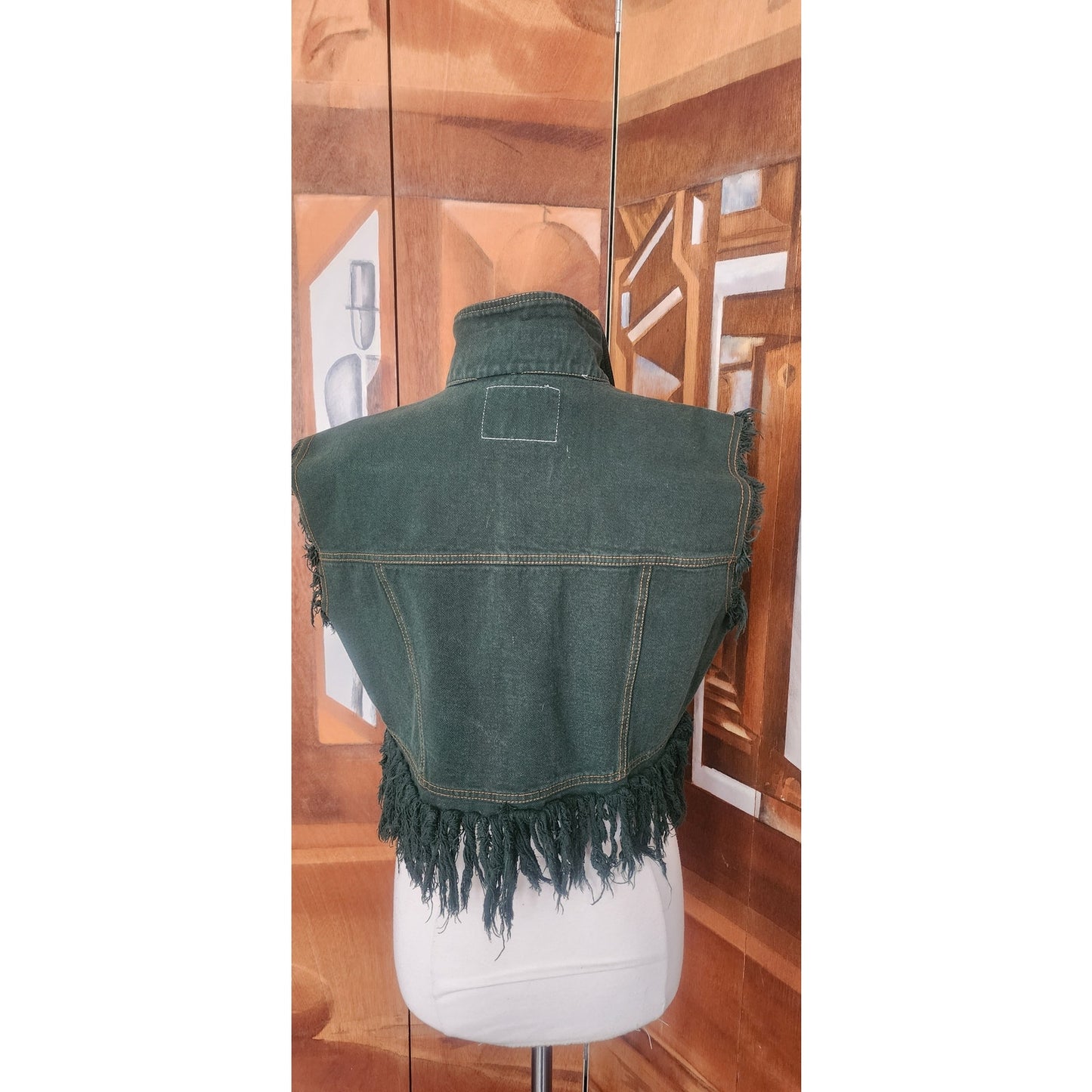 Vintage 80s Distressed Green Denim Vest Cropped Fringed by Navi / L