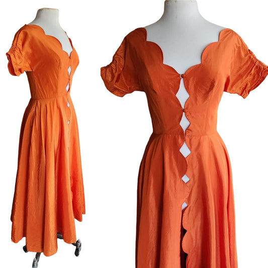 Vintage 50s Orange Duster / Split Front Vest Scallop Edging