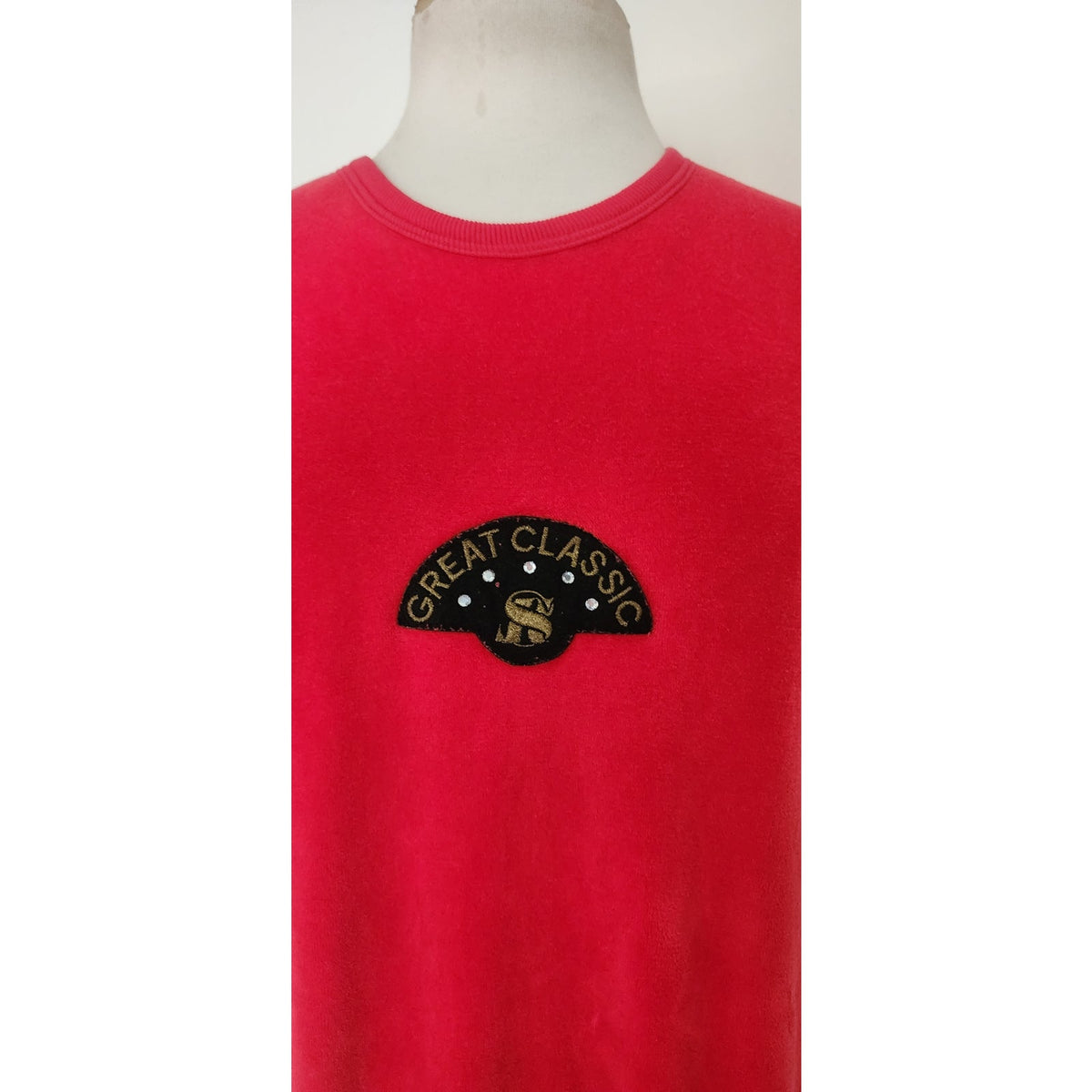 Vintage 1990s Velour Dress Red Sonia Rykiel Midi Drop Waist Embroidered Logo Emblem