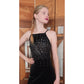 VTG 90s Y2K Aspeed Dress Black Velvet Rhinestone Studs Halter Maxi Gown Prom M