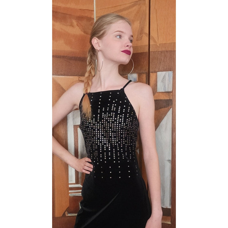 VTG 90s Y2K Aspeed Dress Black Velvet Rhinestone Studs Halter Maxi Gown Prom M