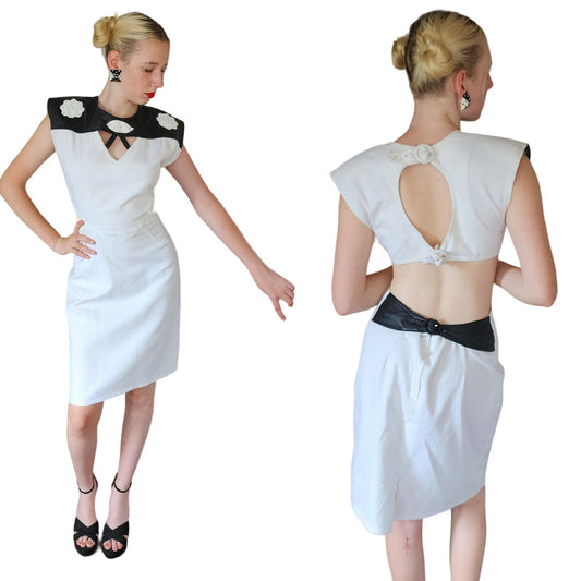 Vintage 80s Dress White Cotton Black Leather w/Cut Outs & Open Back