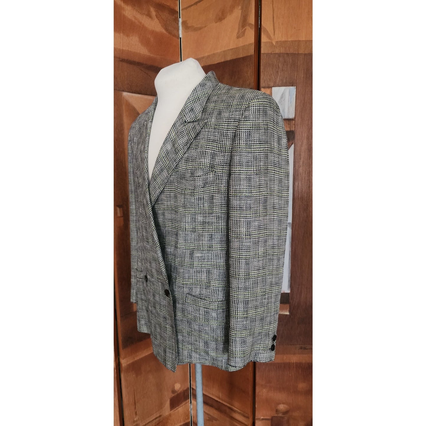 Vintage 80s Gucci Mens Blazer Gray Plaid Linen Double Breasted Sz 48