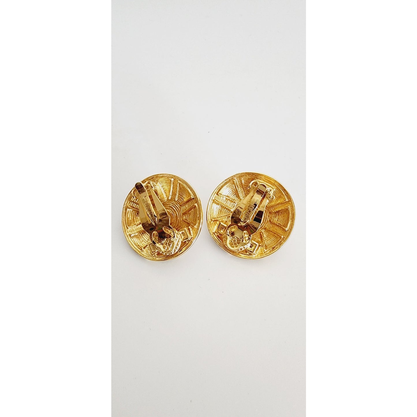 Vintage St John Earrings Clips Gold Pearl Black Enamel Button Style