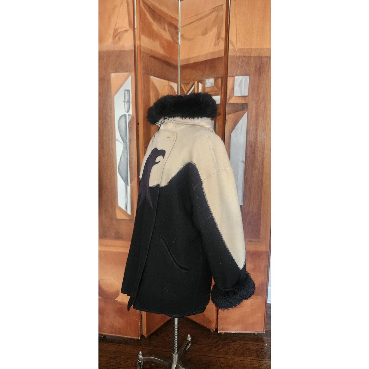 Vintage 1980s Linda Lundstrom La Parka Guardian Eagle Coat Hooded Faux Fur + Outer Nylon Shell