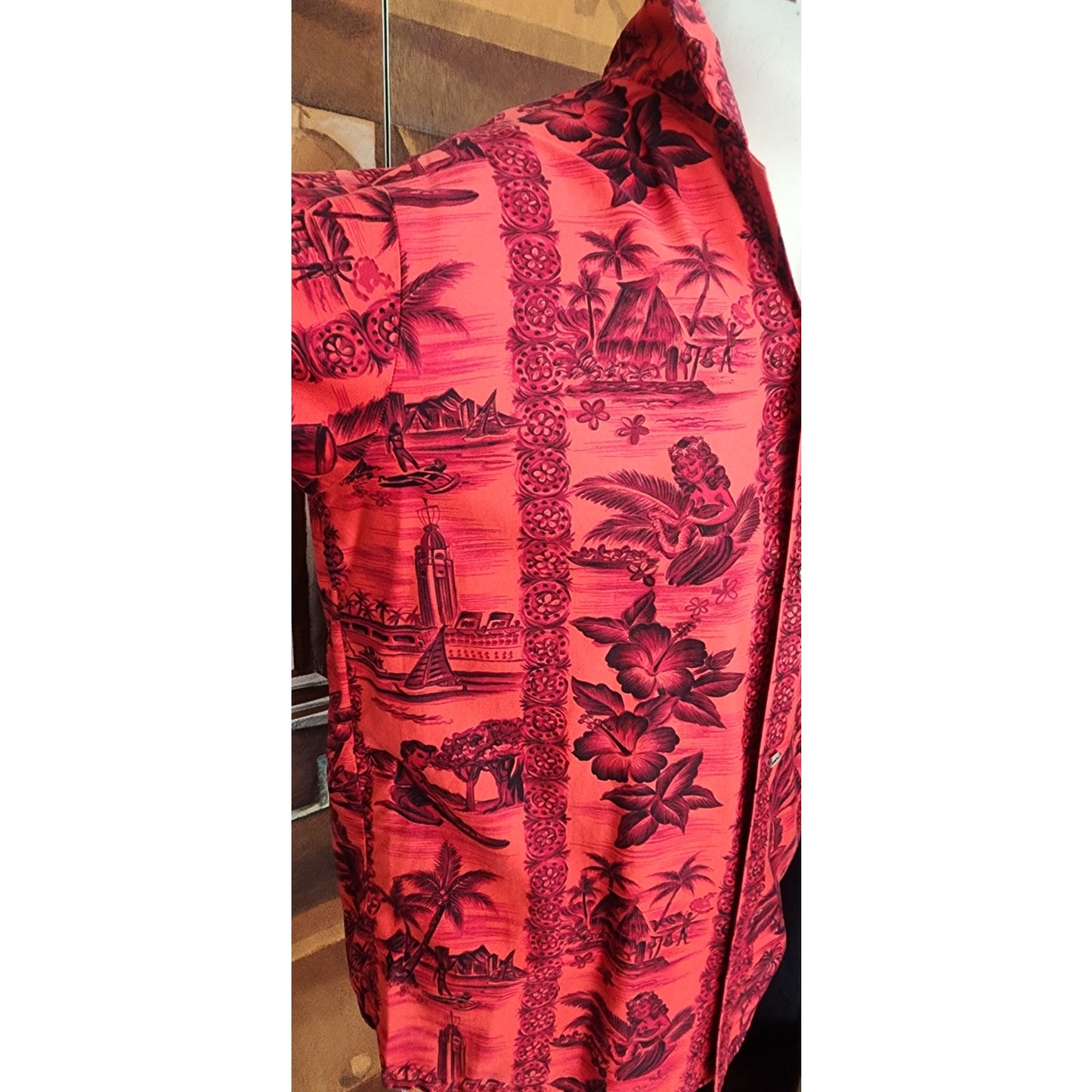 Vintage 60s Men's Red Hawaiian Shirt Surf Scenic Tiki Huts Cotton Short Sleeve